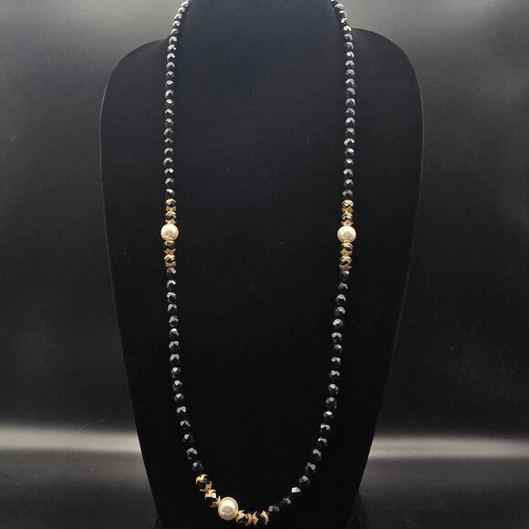 Unknown Jewelry - Black Glass Faux Pearl Beaded Necklace 36 Inch Vintage Jewelry